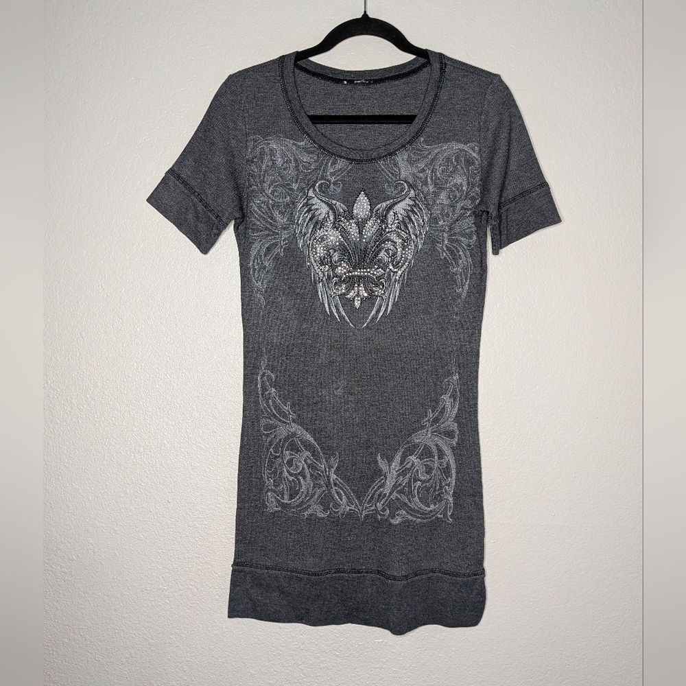 Womens Gray Y2K Vintage Fleur De Lis Wings Rhinestone Graphic Thermal Top XL